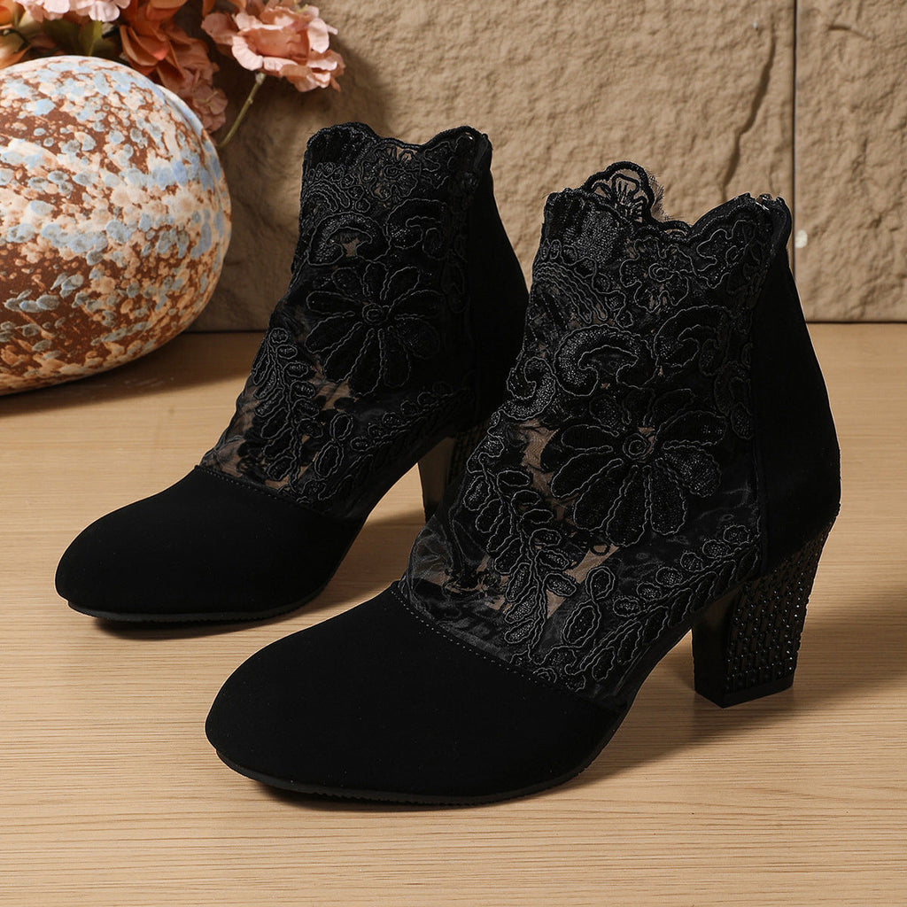 Elegant Lace Suede Ankle Boots – Floral Embroidered Block Heel Booties with Rhinestone Detail