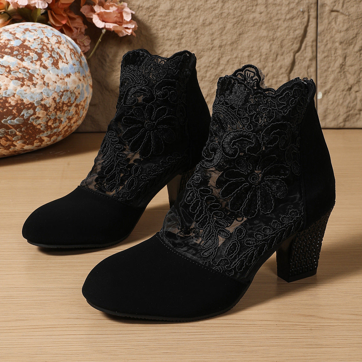 Elegant Lace Suede Ankle Boots – Floral Embroidered Block Heel Booties with Rhinestone Detail