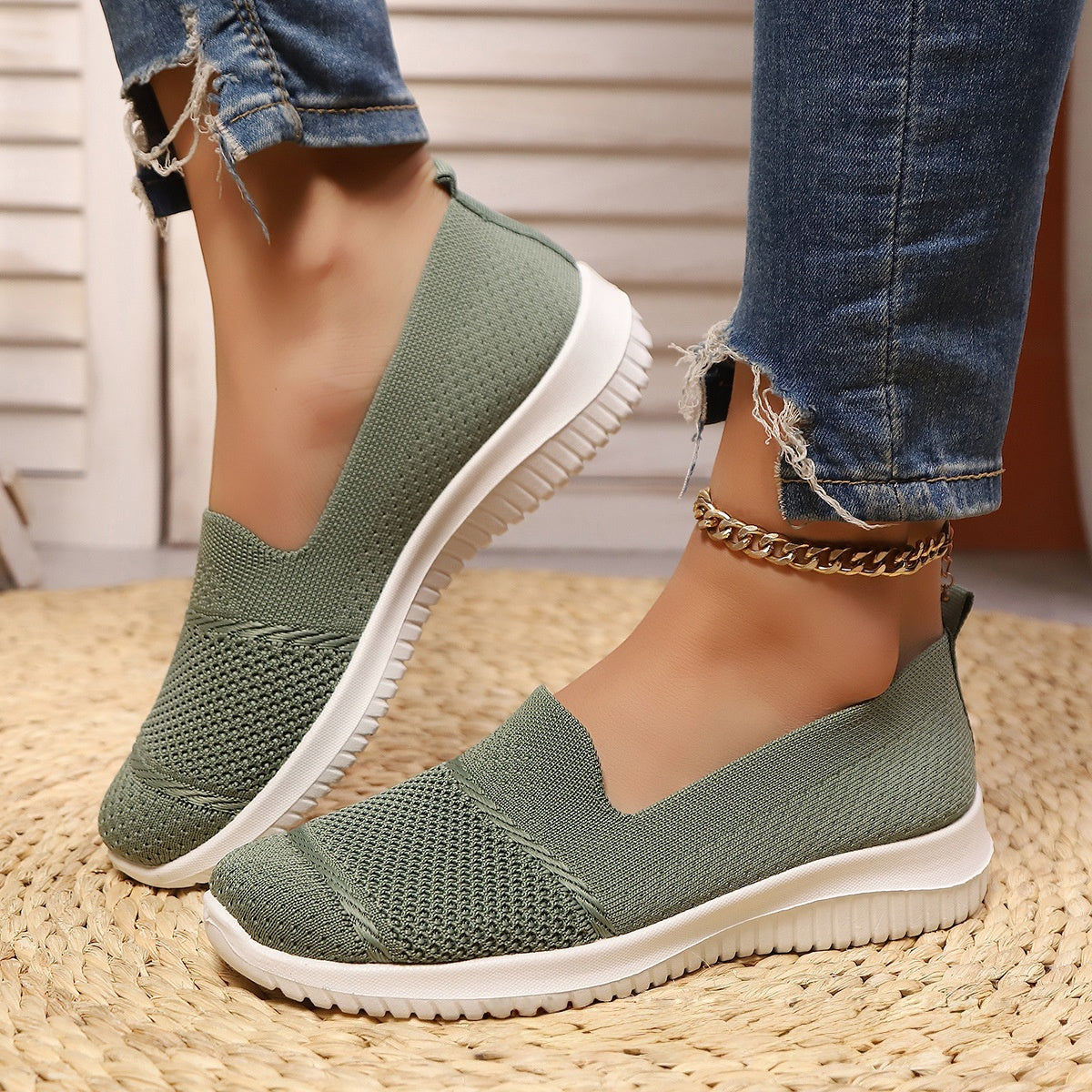 Women's Breathable Mesh Knit Slip-On Sneakers - Lightweight Walking Shoes