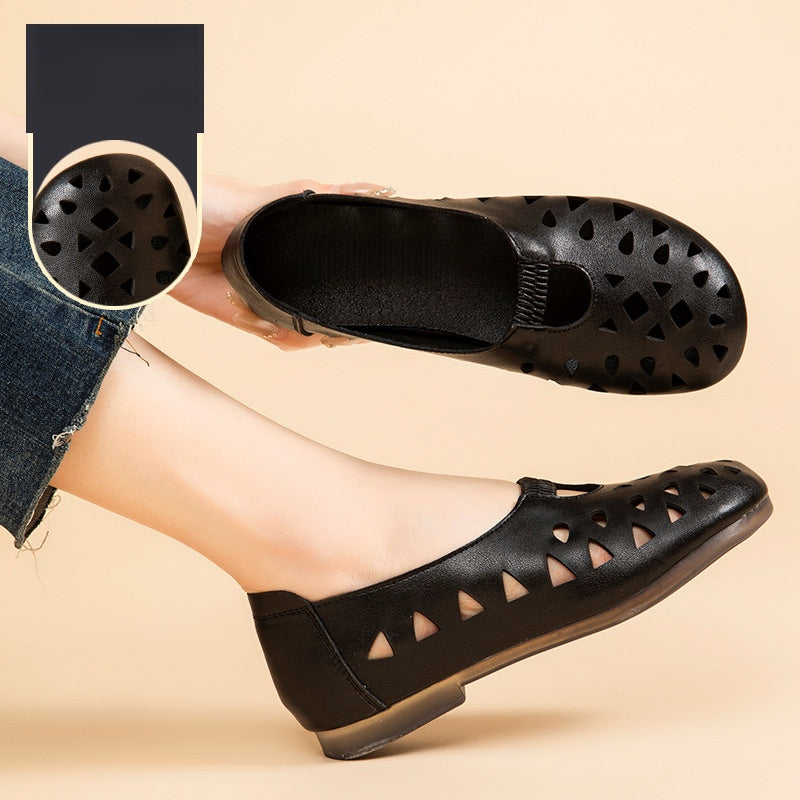 Women's Perforated Leather Slip-On Flats - Breathable Hollow Out Casual Shoes