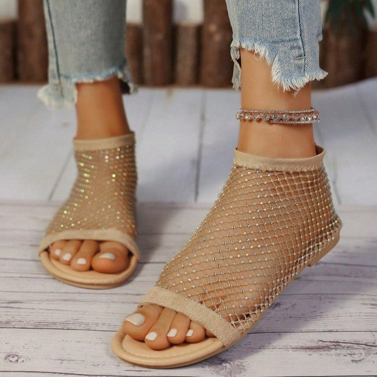 Women's Rhinestone Fishnet Mesh Ankle Booties - Sparkly Open Toe Flat Sandals