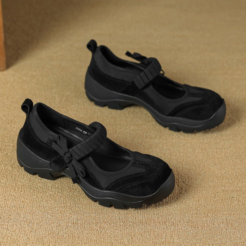 Women's Suede Chunky Platform Mary Jane Shoes with Bow Strap