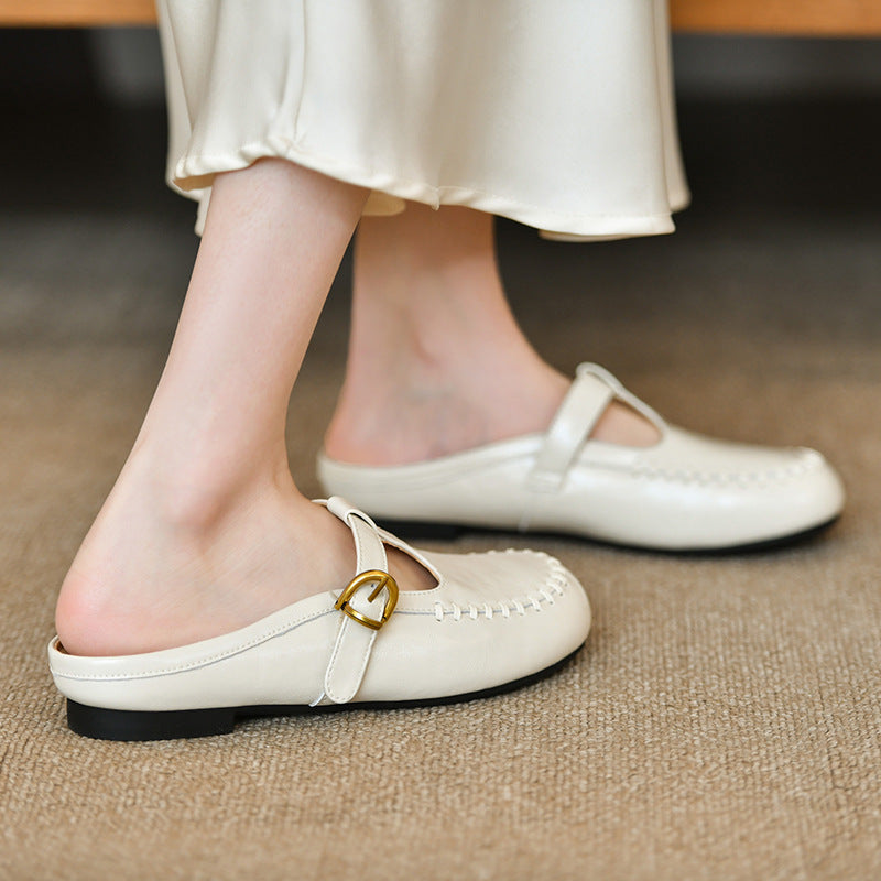 Women's White T-Strap Mule Loafers with Gold Buckle