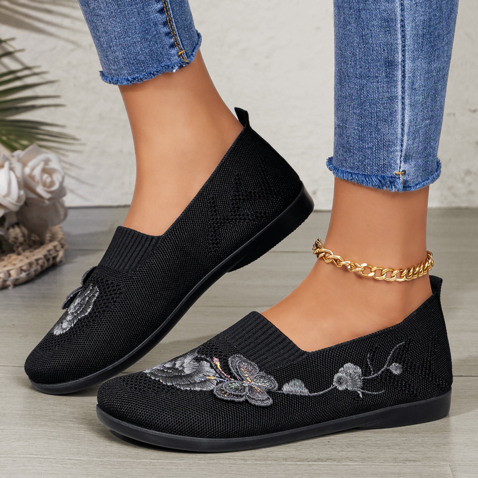 Women's Embroidered Knit Slip-On Shoes – Breathable Butterfly Casual Flats