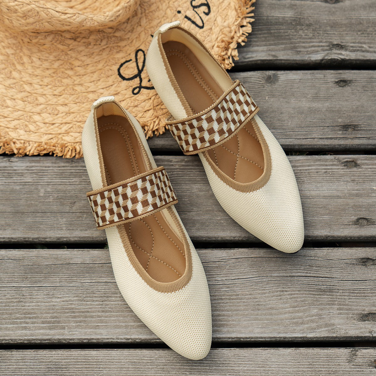 Women's Pointed Toe Mary Jane Flats - Woven Knit Elastic Strap Comfort Shoes