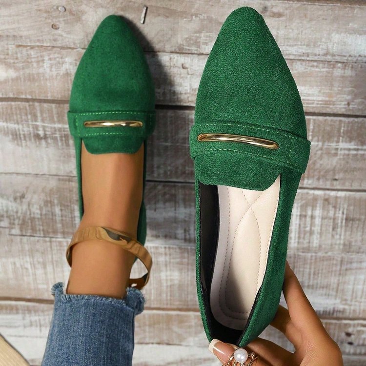 Women's Pointed Toe Loafers with Gold Metal Bar – Suede Ankle Strap Flats Comfortable Slip-On Shoes