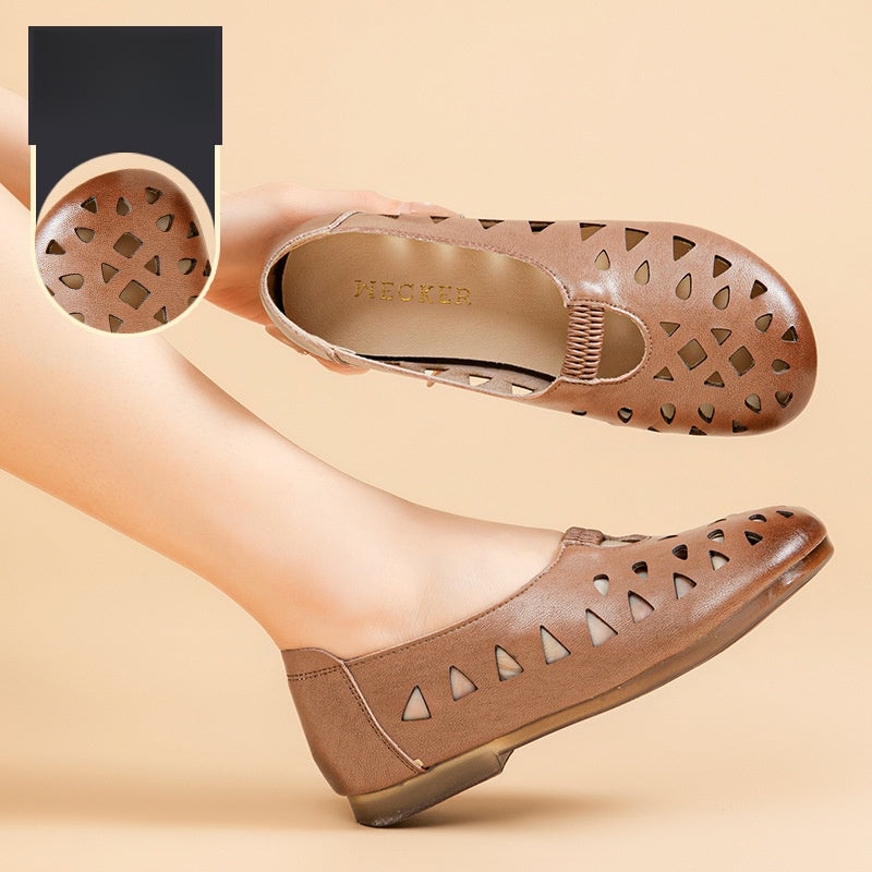 Women's Perforated Leather Slip-On Flats - Breathable Hollow Out Casual Shoes