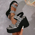Women's Checkered Platform Wedge Sandals - Chunky High Heel Ankle Strap Sandals
