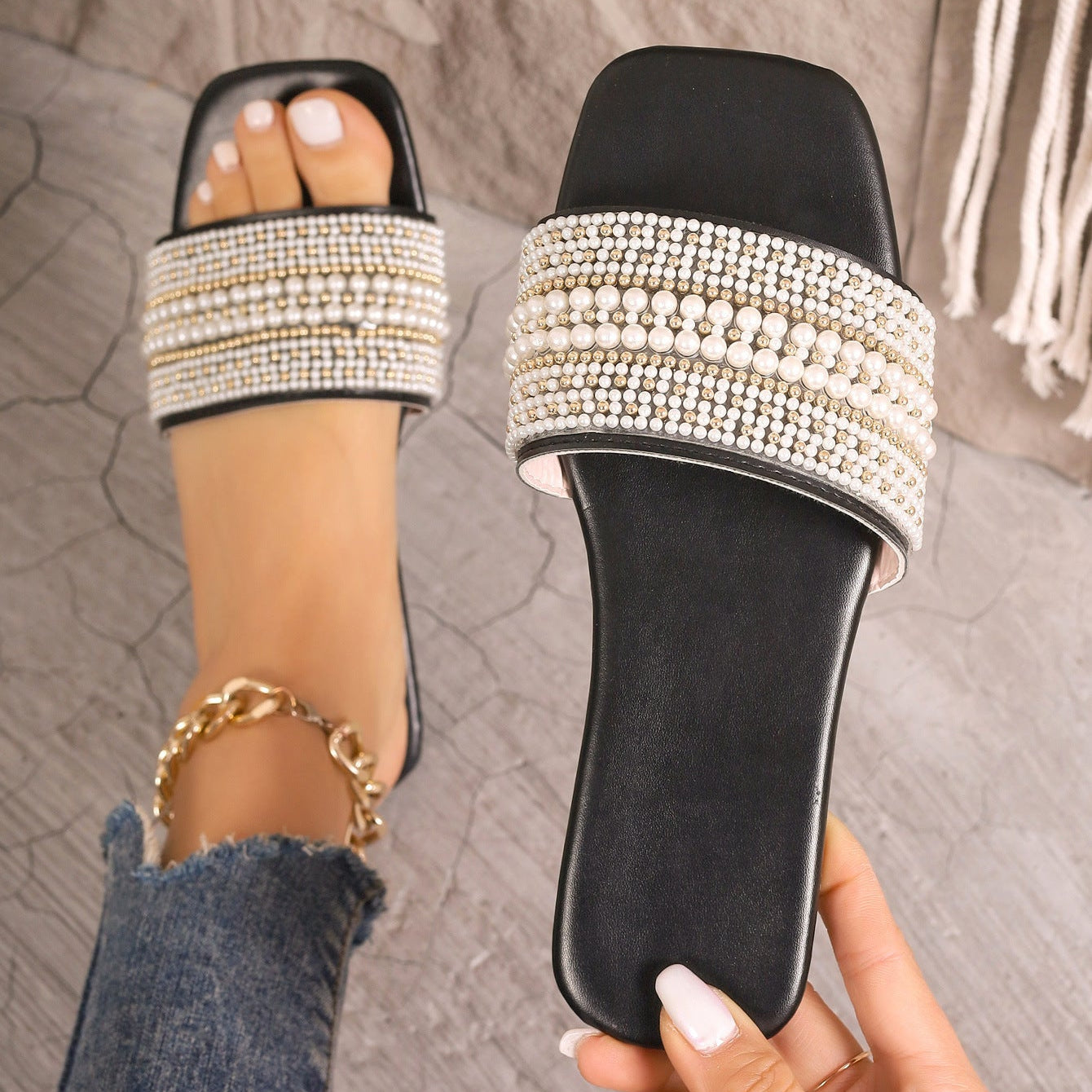 Pearl Rhinestone Embellished Square Toe Slide Sandals – Flat Comfort Mules