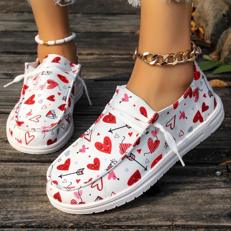 Women's Heart Print Canvas Slip-On Loafers - Casual Comfort Shoes