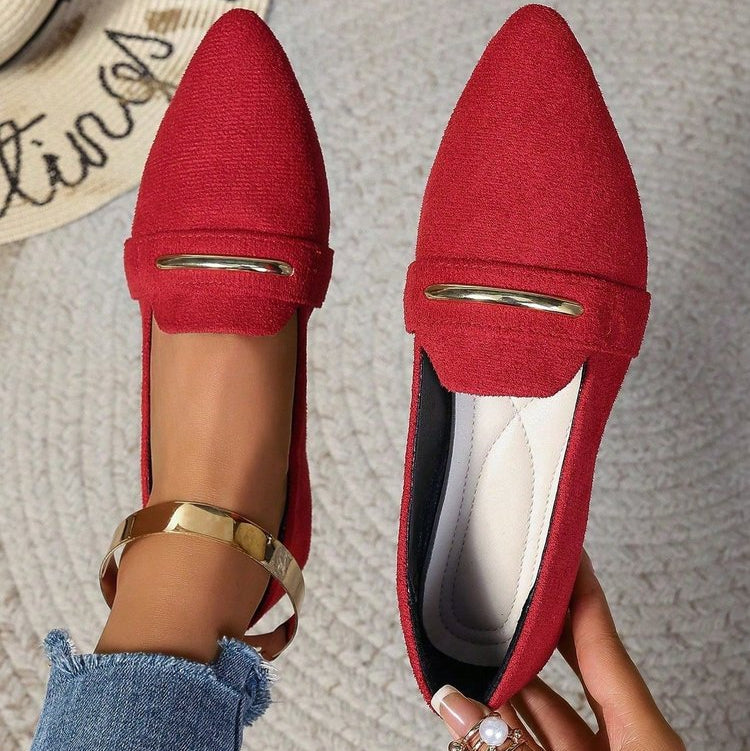 Women's Pointed Toe Loafers with Gold Metal Bar – Suede Ankle Strap Flats Comfortable Slip-On Shoes