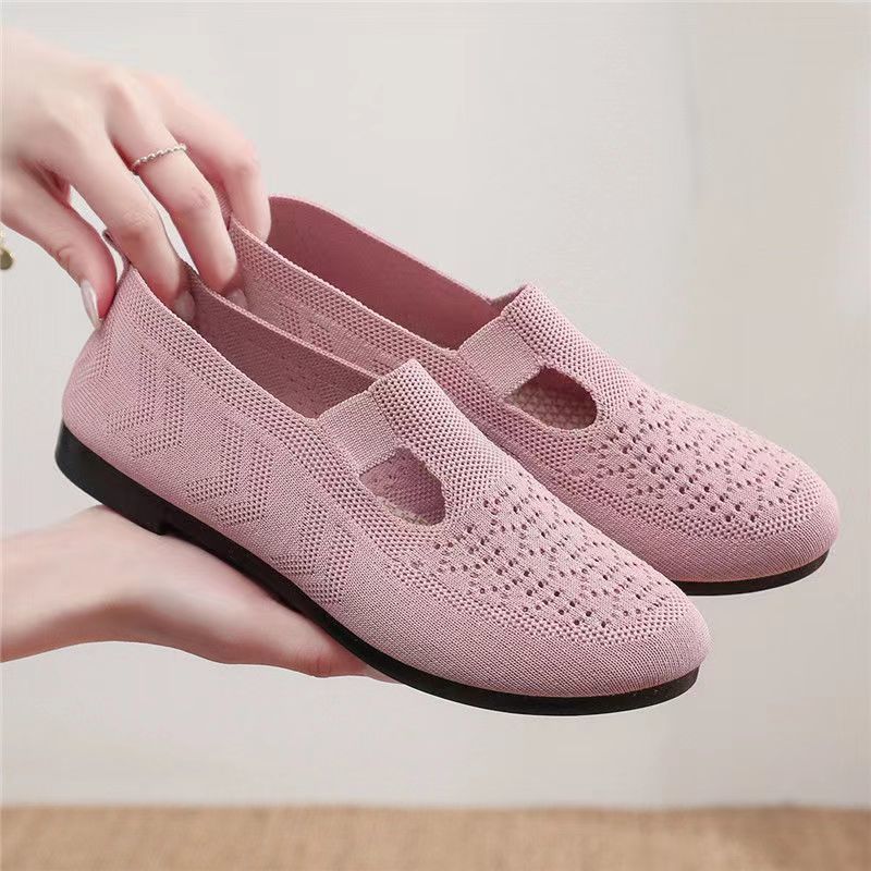 Women's Breathable Knit Slip-On Flats with Cutout Detail - Lightweight Casual Shoes