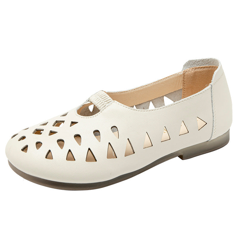 Women's Perforated Leather Slip-On Flats - Breathable Hollow Out Casual Shoes