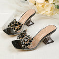 Sparkle Square Toe Clear Heeled Sandals – Rhinestone Embellished Transparent Mules