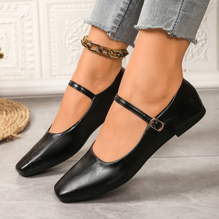Women's Square Toe Mary Jane Flats with Ankle Strap – Classic Buckle Slip-On Casual Shoes
