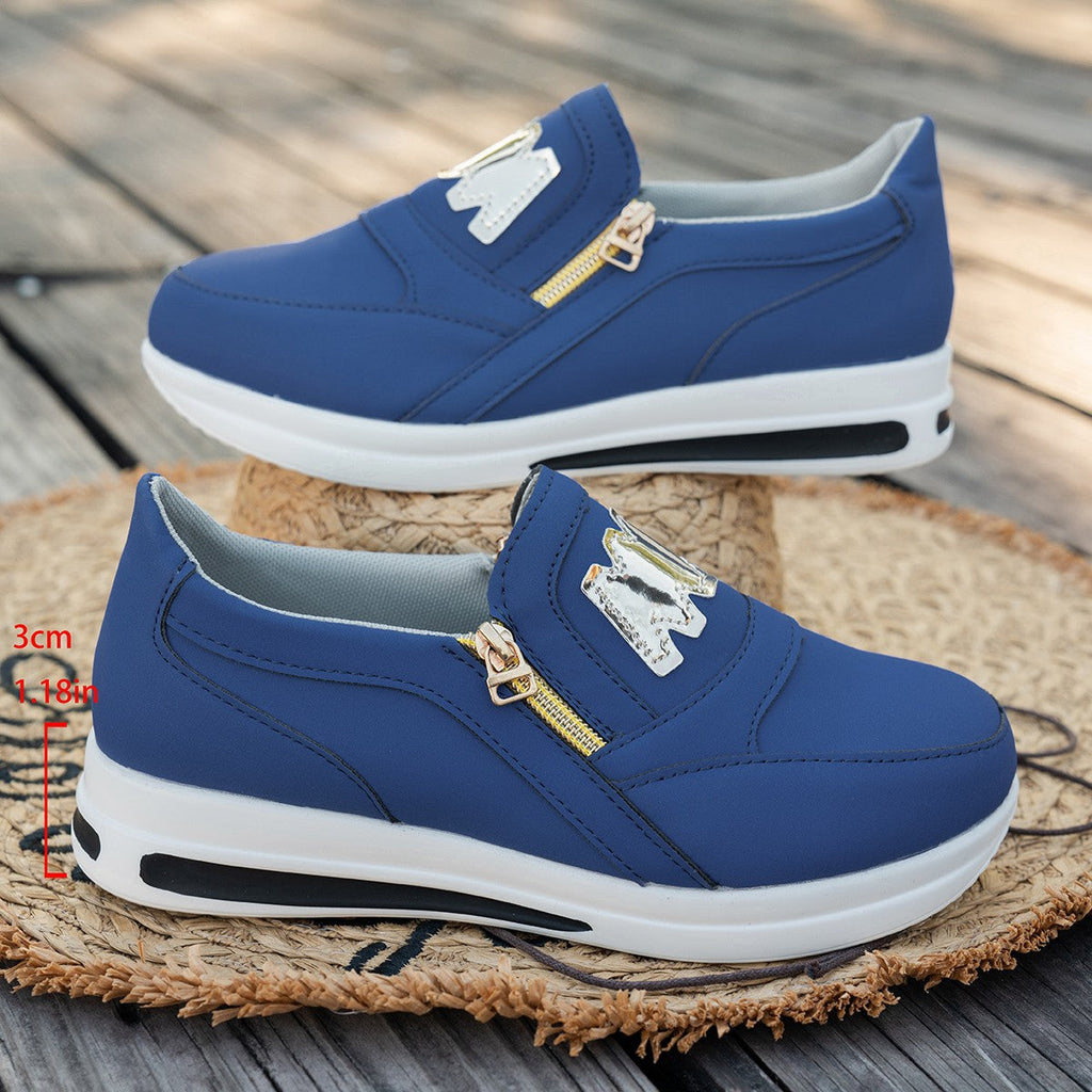 Women's Slip-On Platform Sneakers with Zipper & Metallic Accent - Casual Wedge Shoes