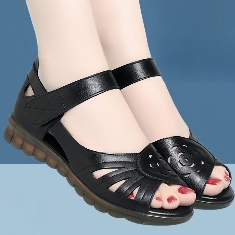 Women's Cutout Leather Sandals - Adjustable Strap Comfort Open Toe Flats