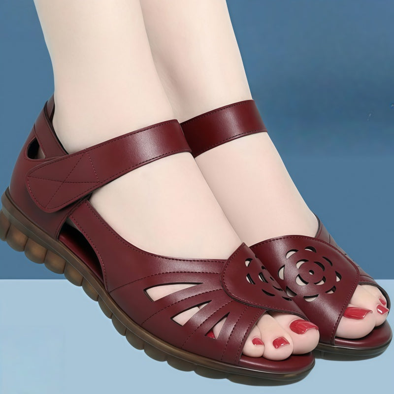 Women's Cutout Leather Sandals - Adjustable Strap Comfort Open Toe Flats