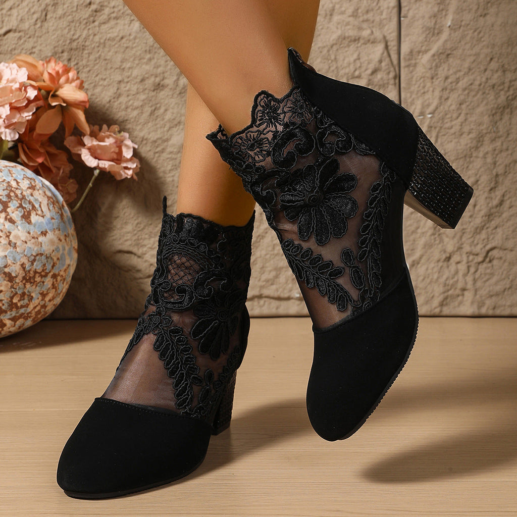 Elegant Lace Suede Ankle Boots – Floral Embroidered Block Heel Booties with Rhinestone Detail