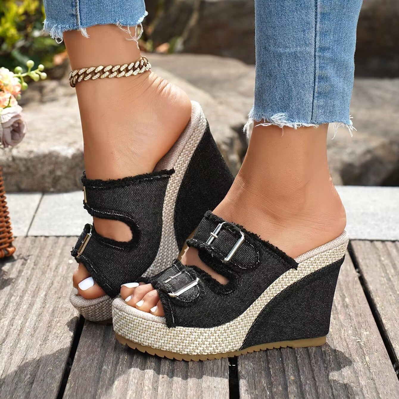 Women's Denim Wedge Platform Sandals Frayed Buckle Strap Espadrille Mules