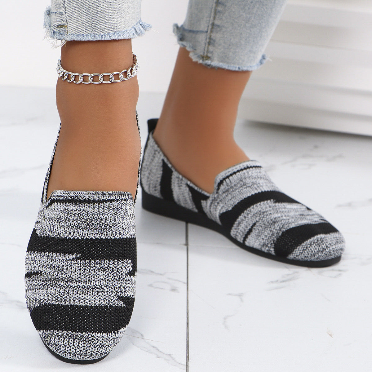 Women's Knit Slip-On Flats - Breathable Casual Camo & Striped Loafers