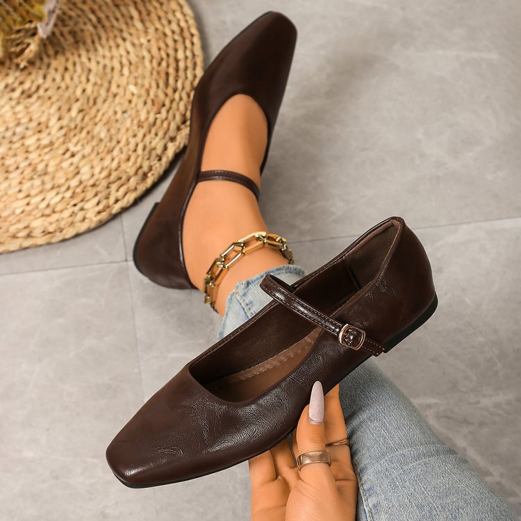Women's Square Toe Mary Jane Flats with Ankle Strap – Classic Buckle Slip-On Casual Shoes