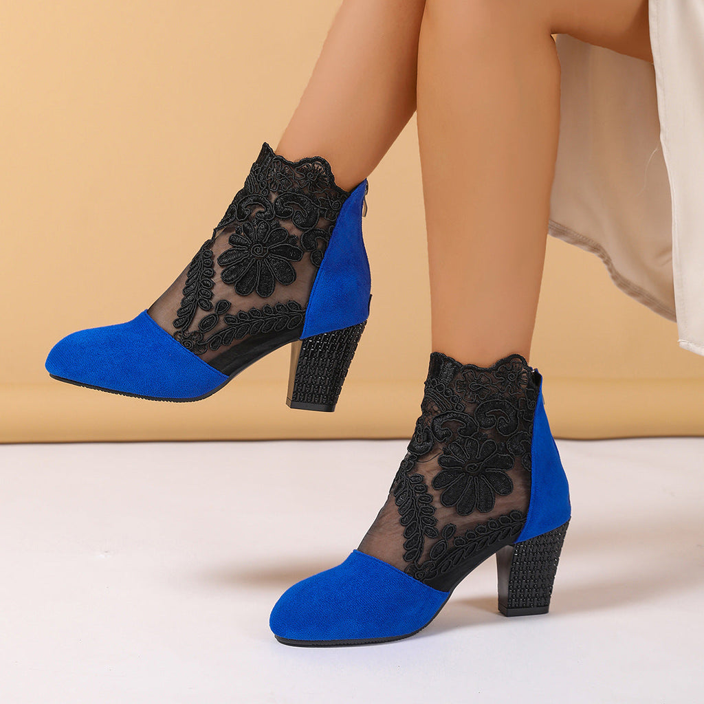 Elegant Lace Suede Ankle Boots – Floral Embroidered Block Heel Booties with Rhinestone Detail