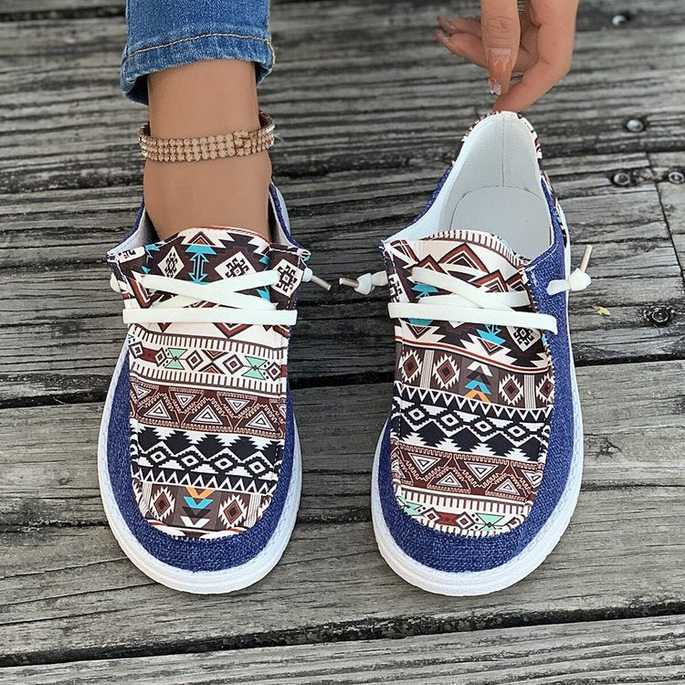 Women's Ethnic Aztec Canvas Sneakers - Tribal Print Casual Slip-On Shoes
