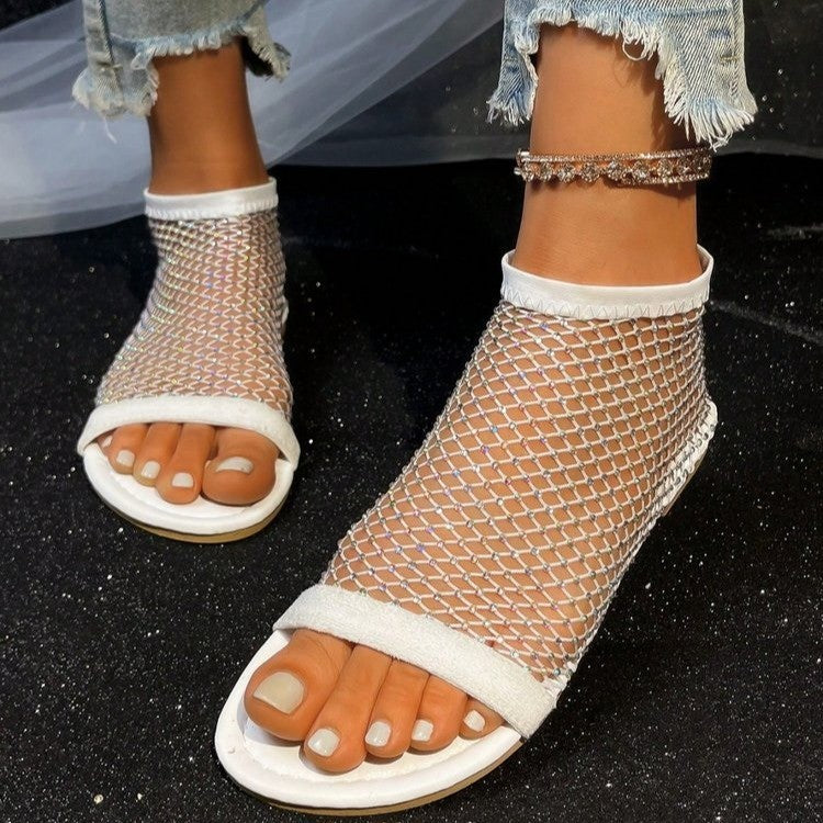 Women's Rhinestone Fishnet Mesh Ankle Booties - Sparkly Open Toe Flat Sandals