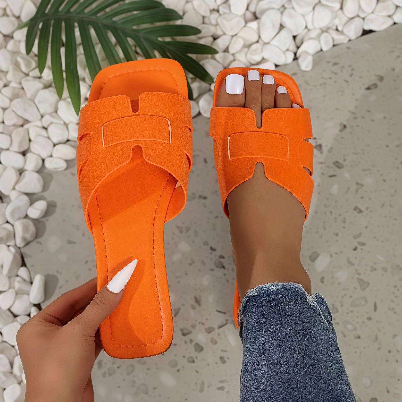 Women's Chunky Slide Sandals - Wide Strap Flat Block Heel Mules
