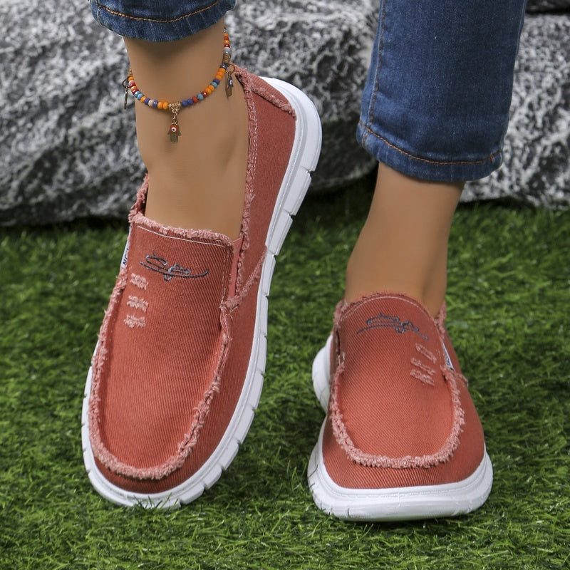 Women's Distressed Canvas Slip-On Loafers - Skateboard Embroidered Casual Shoes
