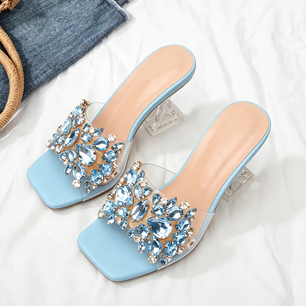 Sparkle Square Toe Clear Heeled Sandals – Rhinestone Embellished Transparent Mules