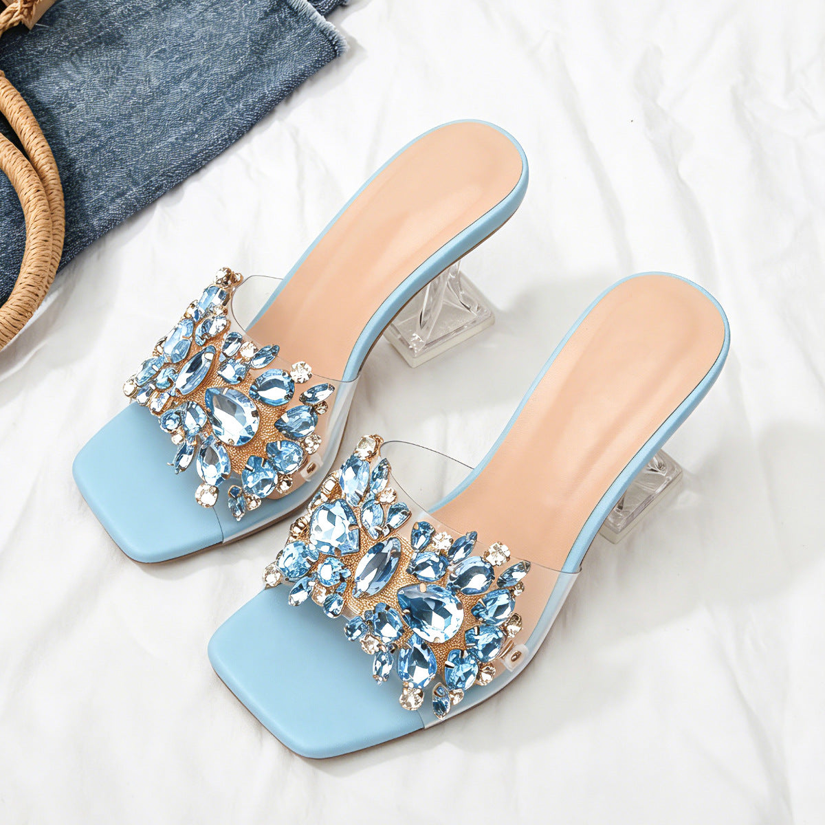 Sparkle Square Toe Clear Heeled Sandals – Rhinestone Embellished Transparent Mules