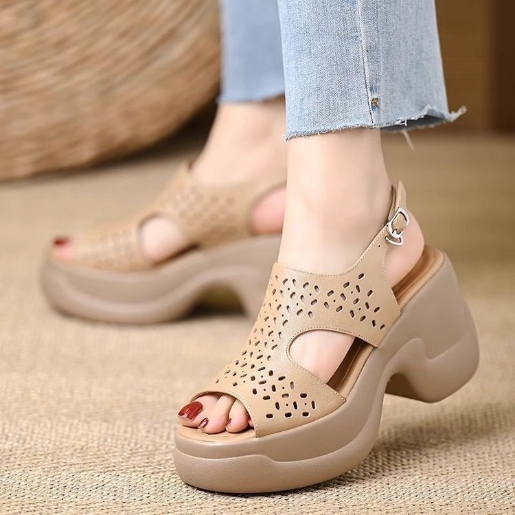 Women's 6CM Platform Chunky Heel Sandals - Perforated Cutout Open Toe Slingback Shoes with Ankle Strap