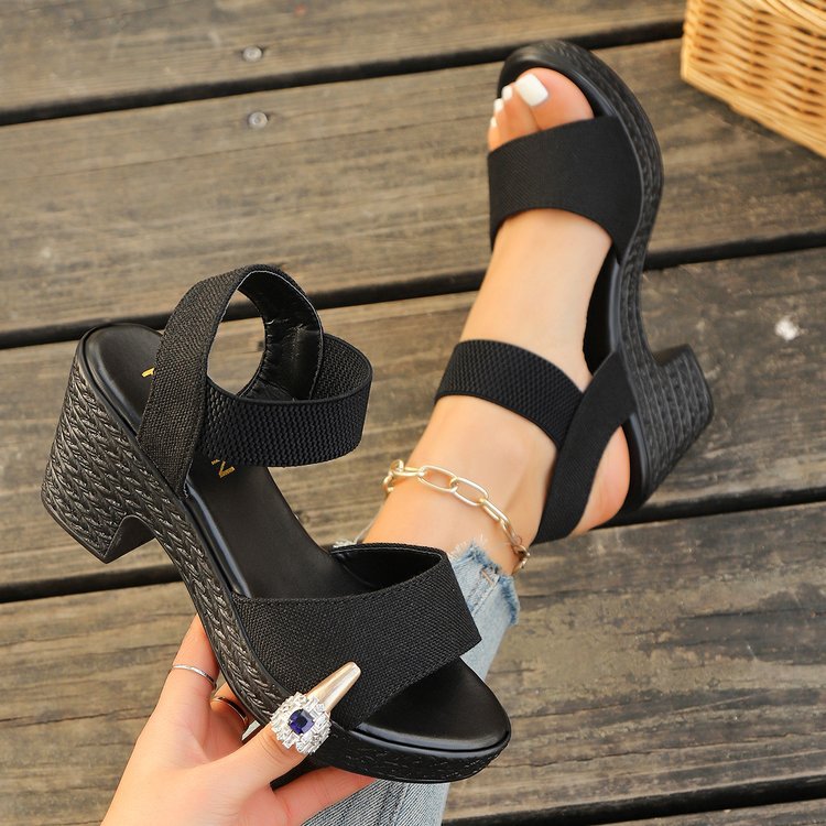 Women's Platform Chunky Heel Sandals – Elastic Strap Open Toe Wedges