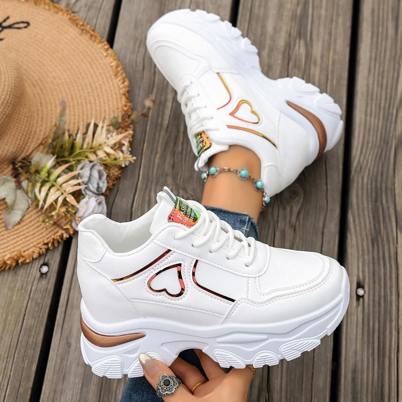 Women's Platform Sneakers Heart Cutout Chunky Dad Shoes