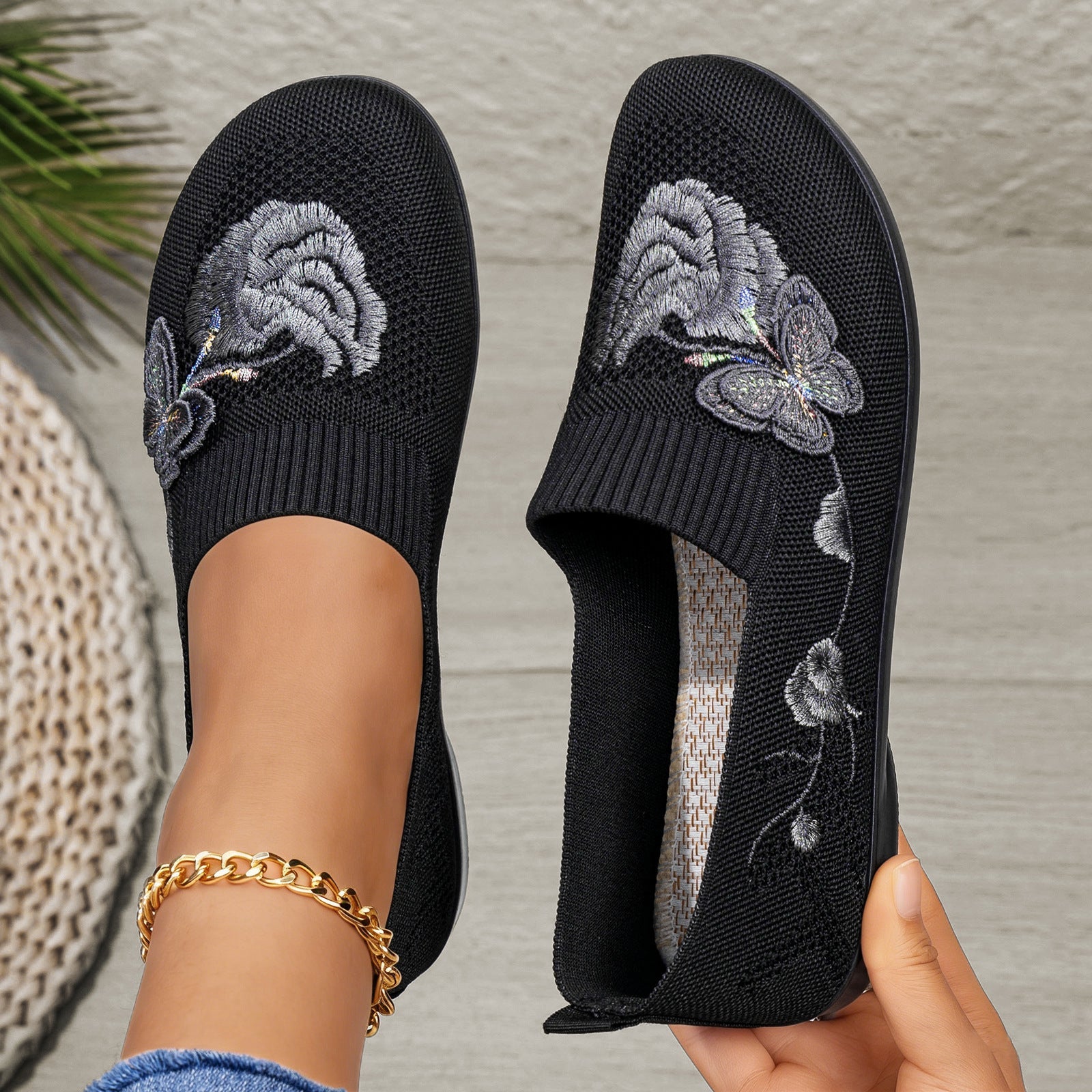Women's Embroidered Knit Slip-On Shoes – Breathable Butterfly Casual Flats
