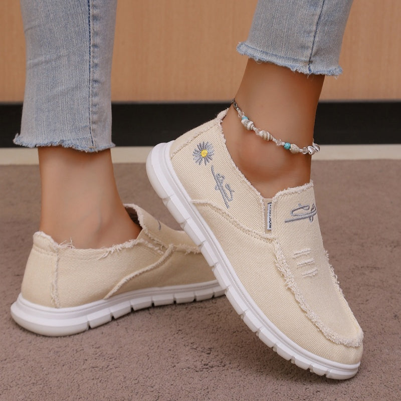 Women's Distressed Canvas Slip-On Loafers - Skateboard Embroidered Casual Shoes