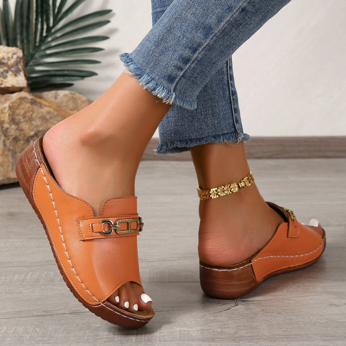 Peep Toe Wedge Mules with Chain Detail – Women's Platform Slip-On Sandals