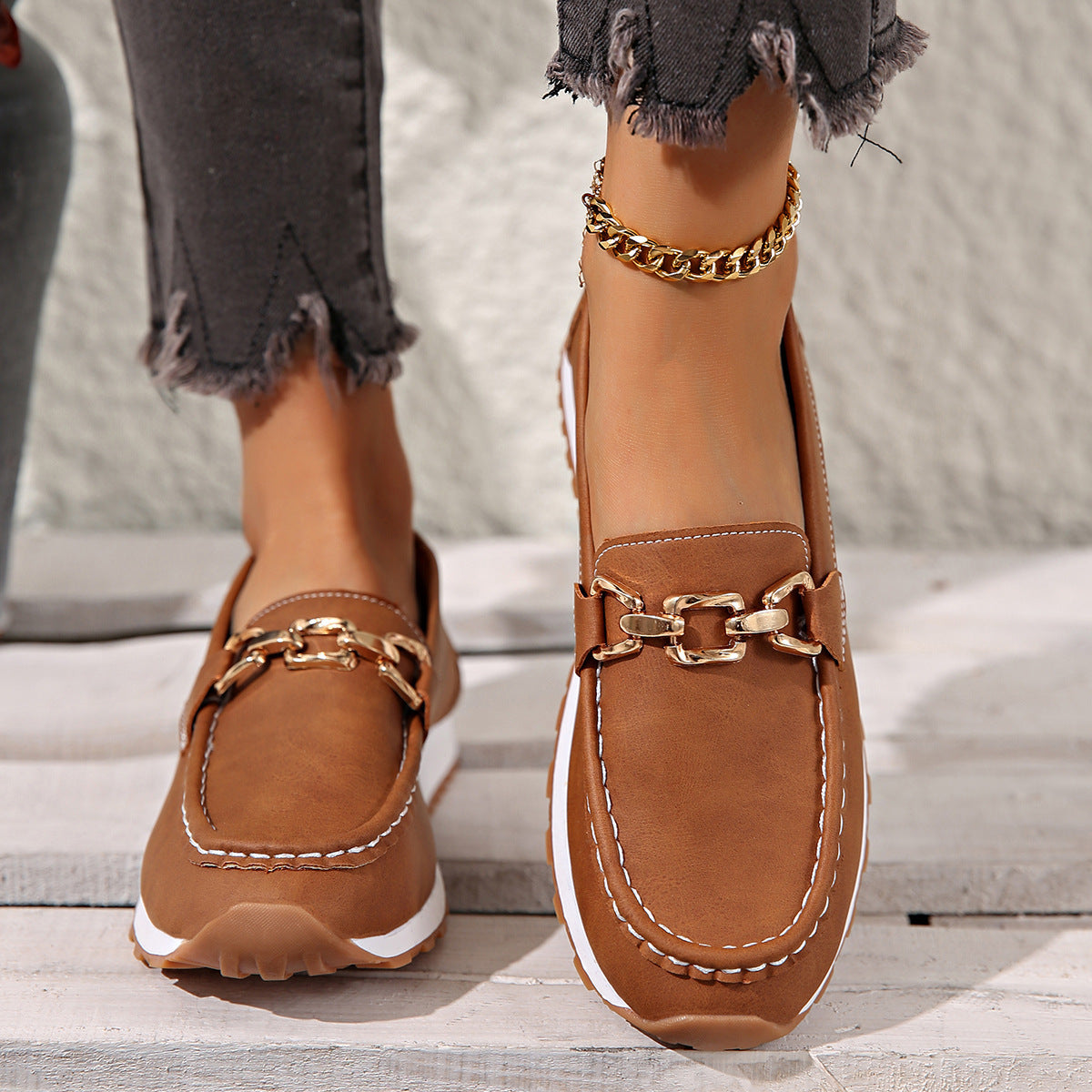 Classic Gold Buckle Loafers – Casual Platform Slip-On Shoes