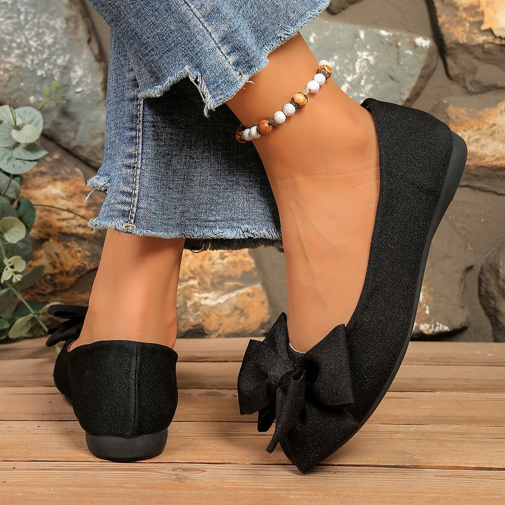 Women's Bow Flat Shoes – Sparkly Glitter Slip-On Ballet Flats with Big Bow
