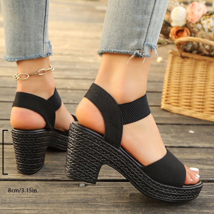 Women's Platform Chunky Heel Sandals – Elastic Strap Open Toe Wedges