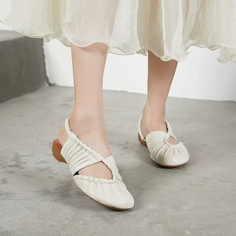 Women's Pleated Leather Slingback Mules - Low Heel Comfort Flats