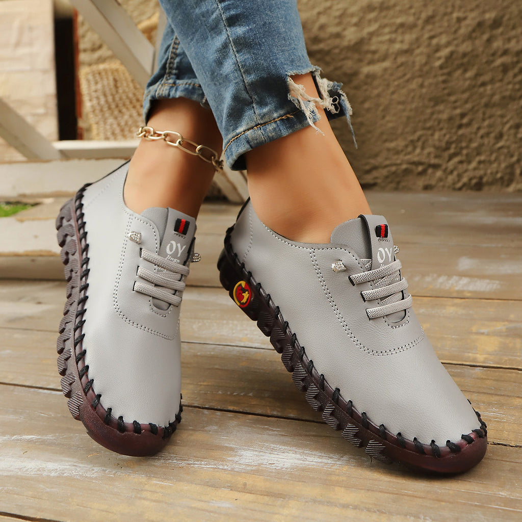 Casual Lace-Up Loafers for Women – Soft Leather Stitched Comfort Shoes with Anti-Slip Sole