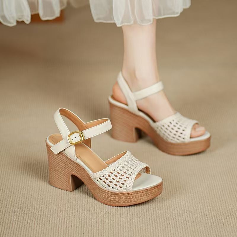 Women's 8CM Platform Chunky Heel Sandals - Woven Open Toe Slingback Shoes with Ankle Strap