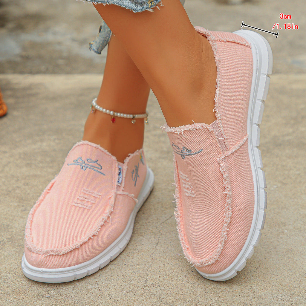 Women's Distressed Canvas Slip-On Loafers - Skateboard Embroidered Casual Shoes