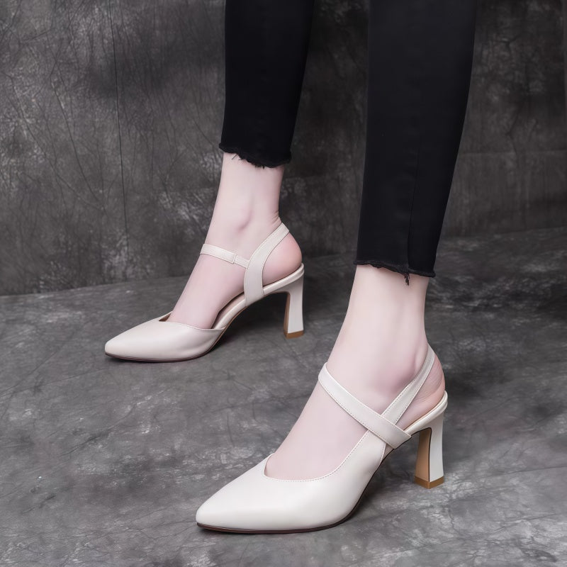 Elegant Pointed Toe Slingback Heels – White Block Heel Pumps