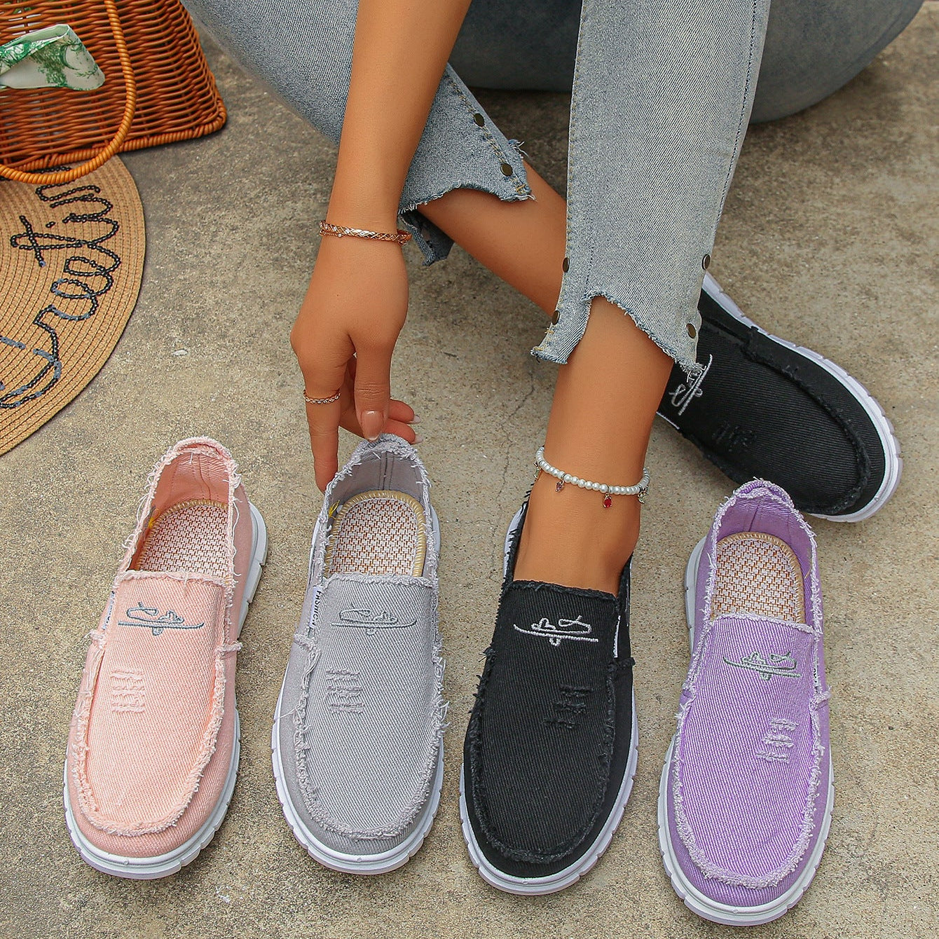 Women's Distressed Canvas Slip-On Loafers - Skateboard Embroidered Casual Shoes