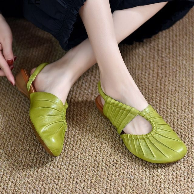 Women's Pleated Leather Slingback Mules - Low Heel Comfort Flats
