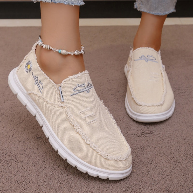 Women's Distressed Canvas Slip-On Loafers - Skateboard Embroidered Casual Shoes